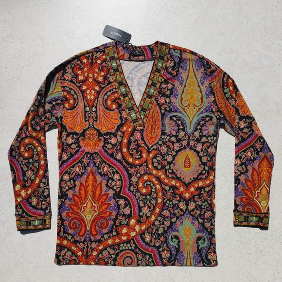 NWT ETRO  100% Wool Maglia Palm Springs V-neck Paisley Pullover Sweater Top. 8 - Picture 2 of 8